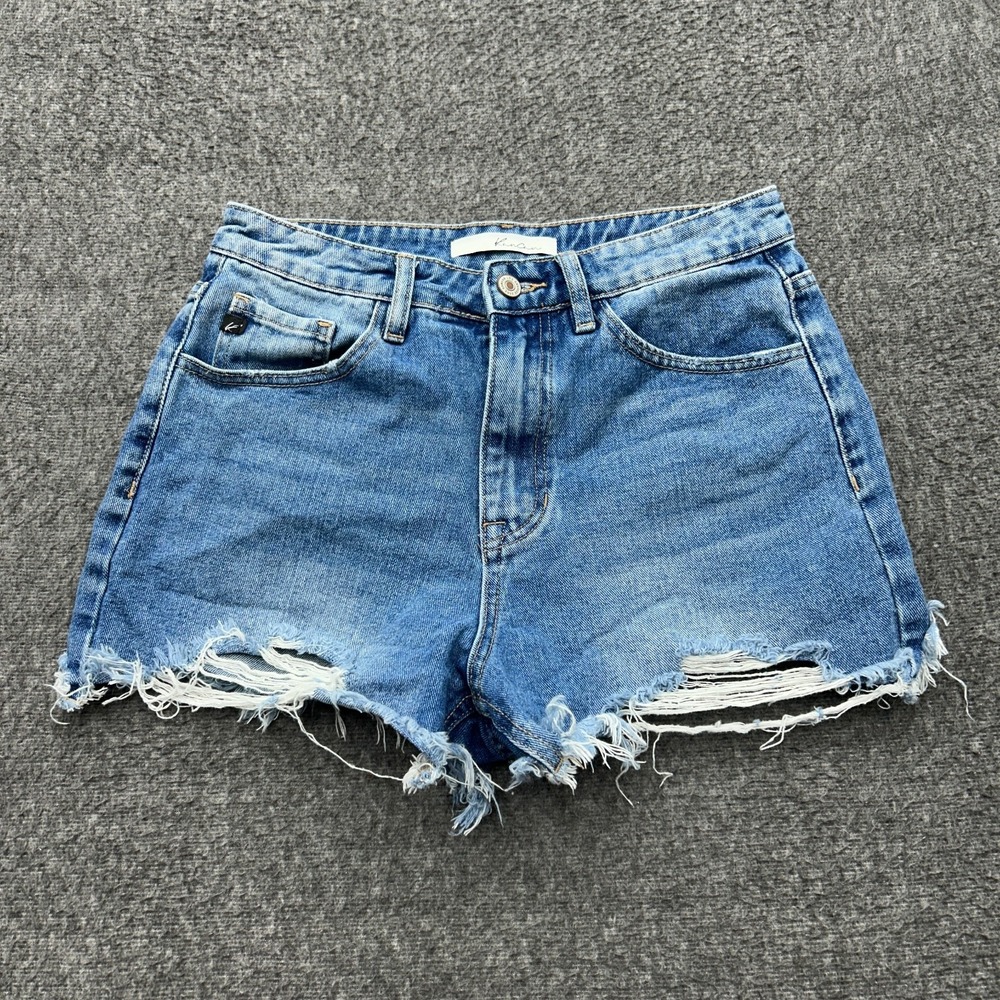 KanCan Denim Shorts Womens 7/27 Blue High Rise Distressed Frayed Cut Off